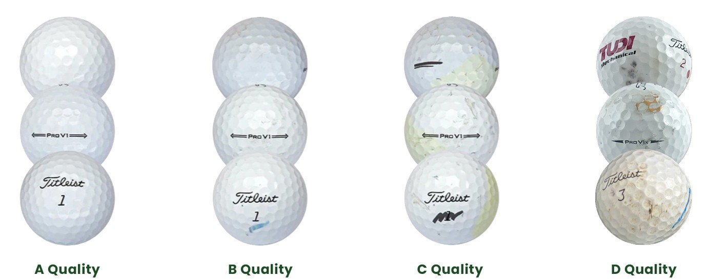 Examples of A, B, C and D quality golf balls side by side